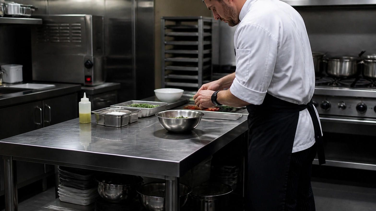 A chef at the pass in a working kitchen