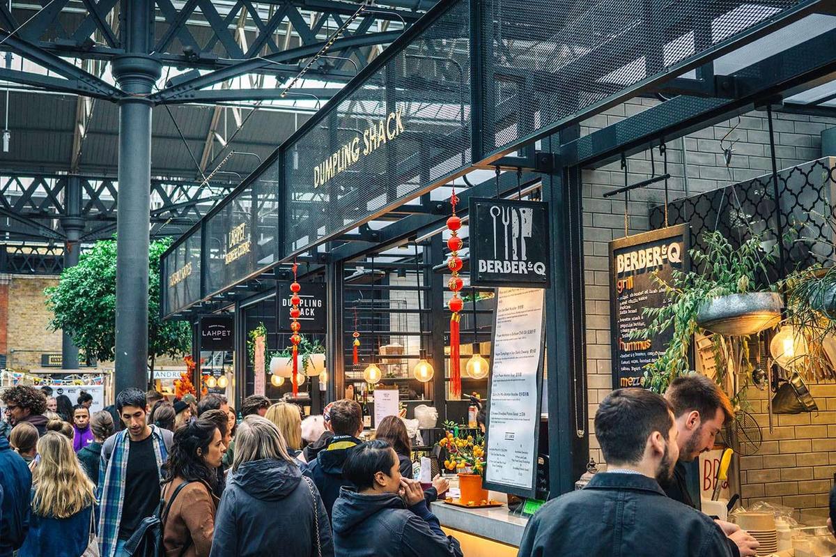 Busy indoor market food hall